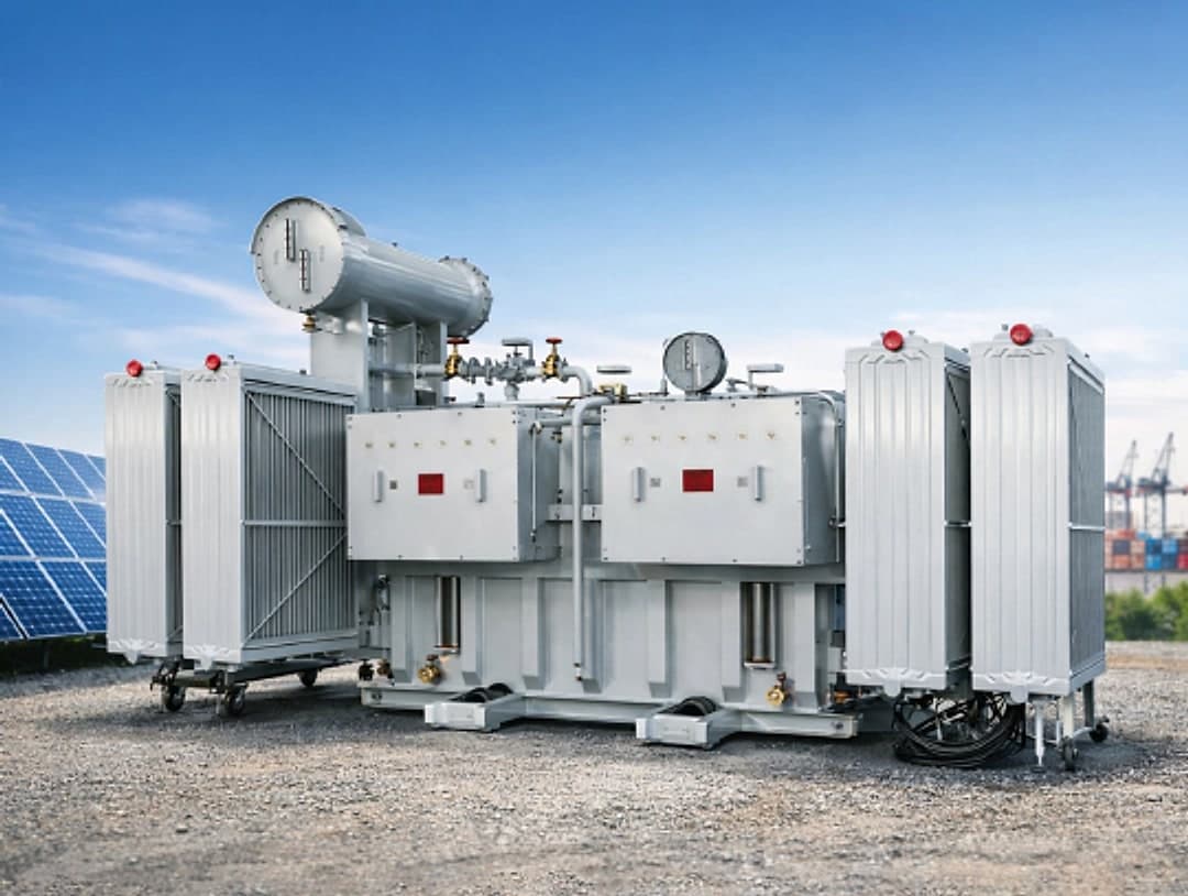 Trafo Power solar inverter duty transformer beside a photovoltaic array
